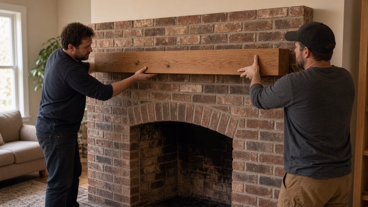 Workers setting a wood mantel on a brick fireplace — Custom Woodwork in Rock Hill