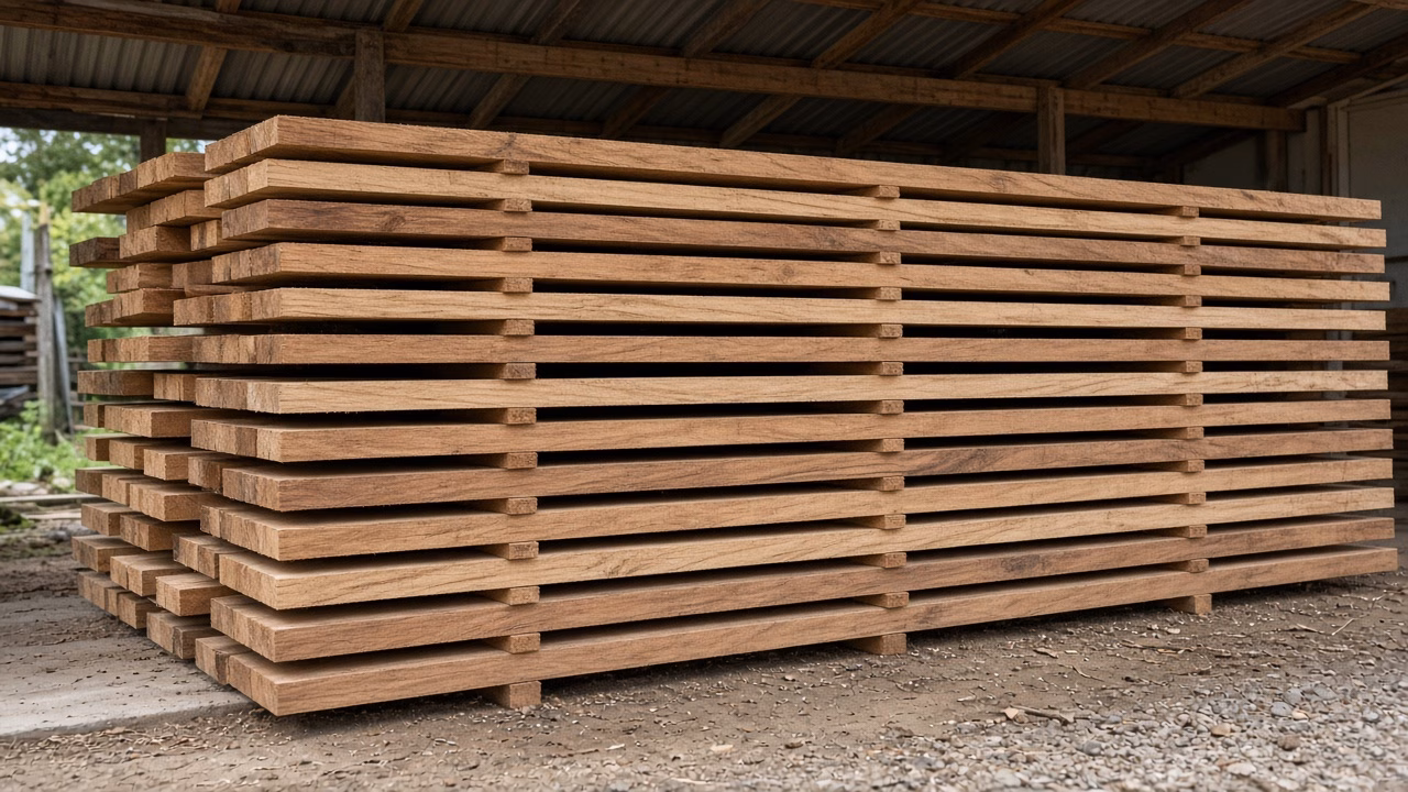 Stickered hardwood lumber air-drying under a shed — Custom Woodwork in Rock Hill