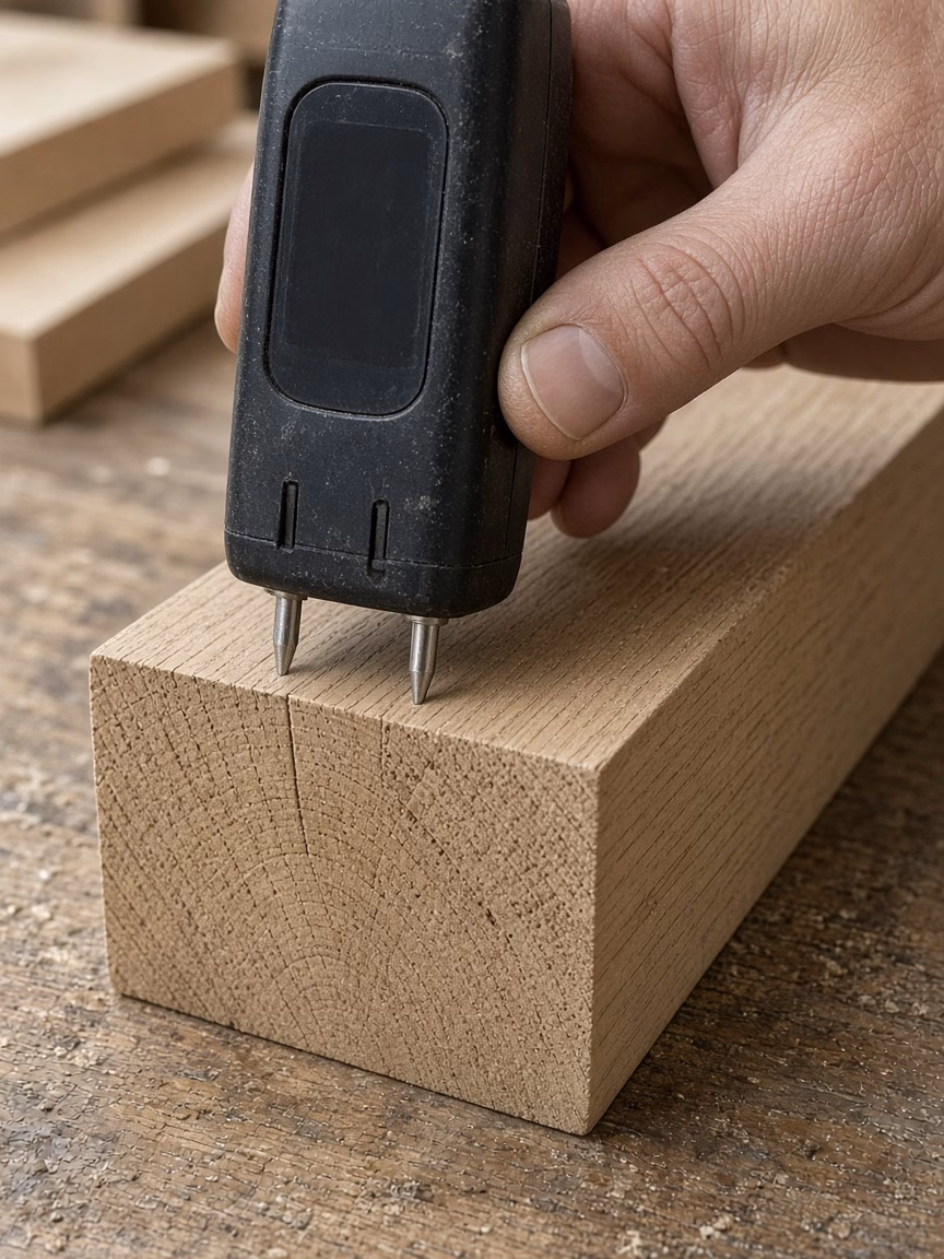Pin moisture meter in the end of a hardwood board — Custom Woodwork in Rock Hill