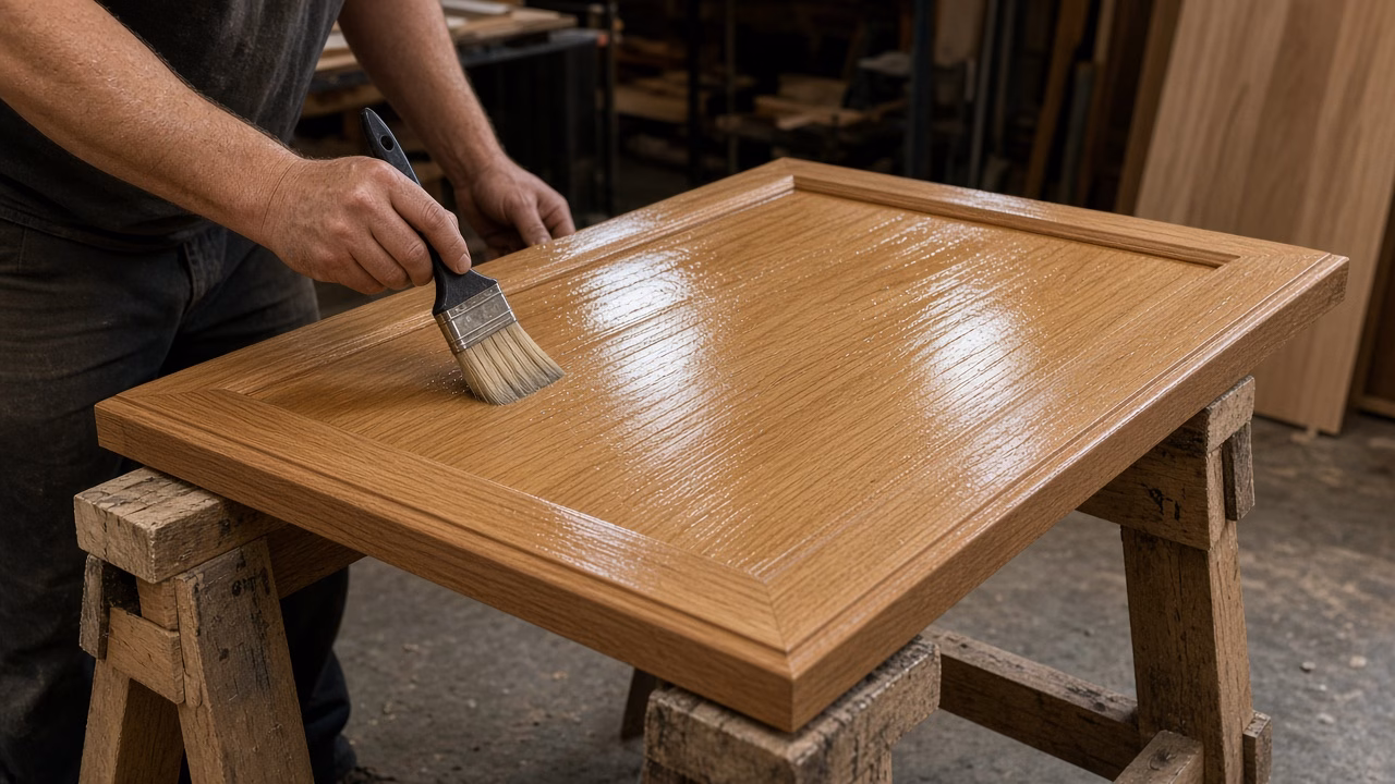 Clear finish applied to both faces of a cabinet door — Custom Woodwork in Rock Hill