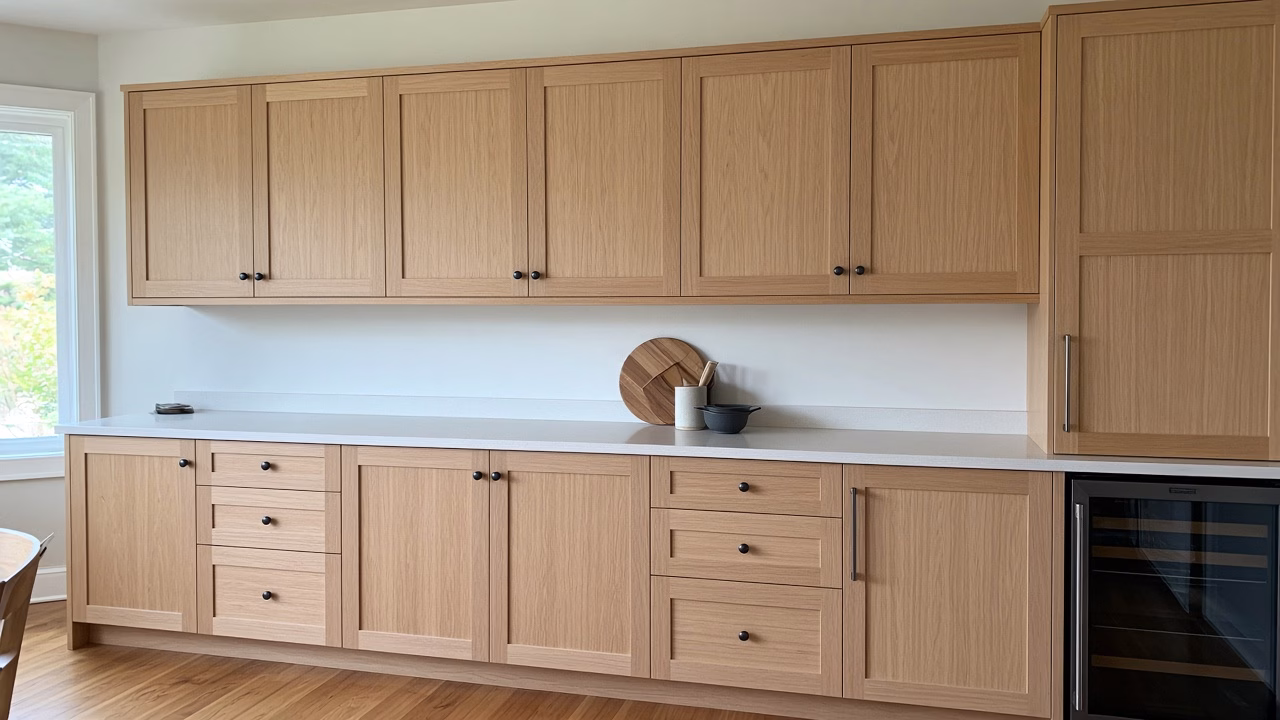 Finished white oak kitchen cabinets with even satin sheen — Custom Woodwork in Rock Hill Finished white oak kitchen cabinets with even satin sheen — Custom Woodwork in Rock Hill