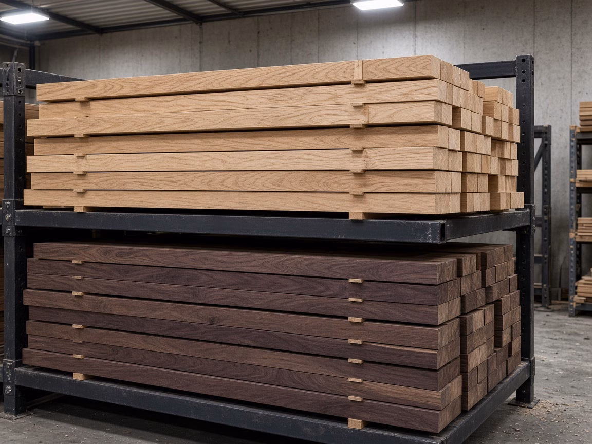 White oak and walnut boards on a shop lumber rack — Custom Woodwork in Rock Hill