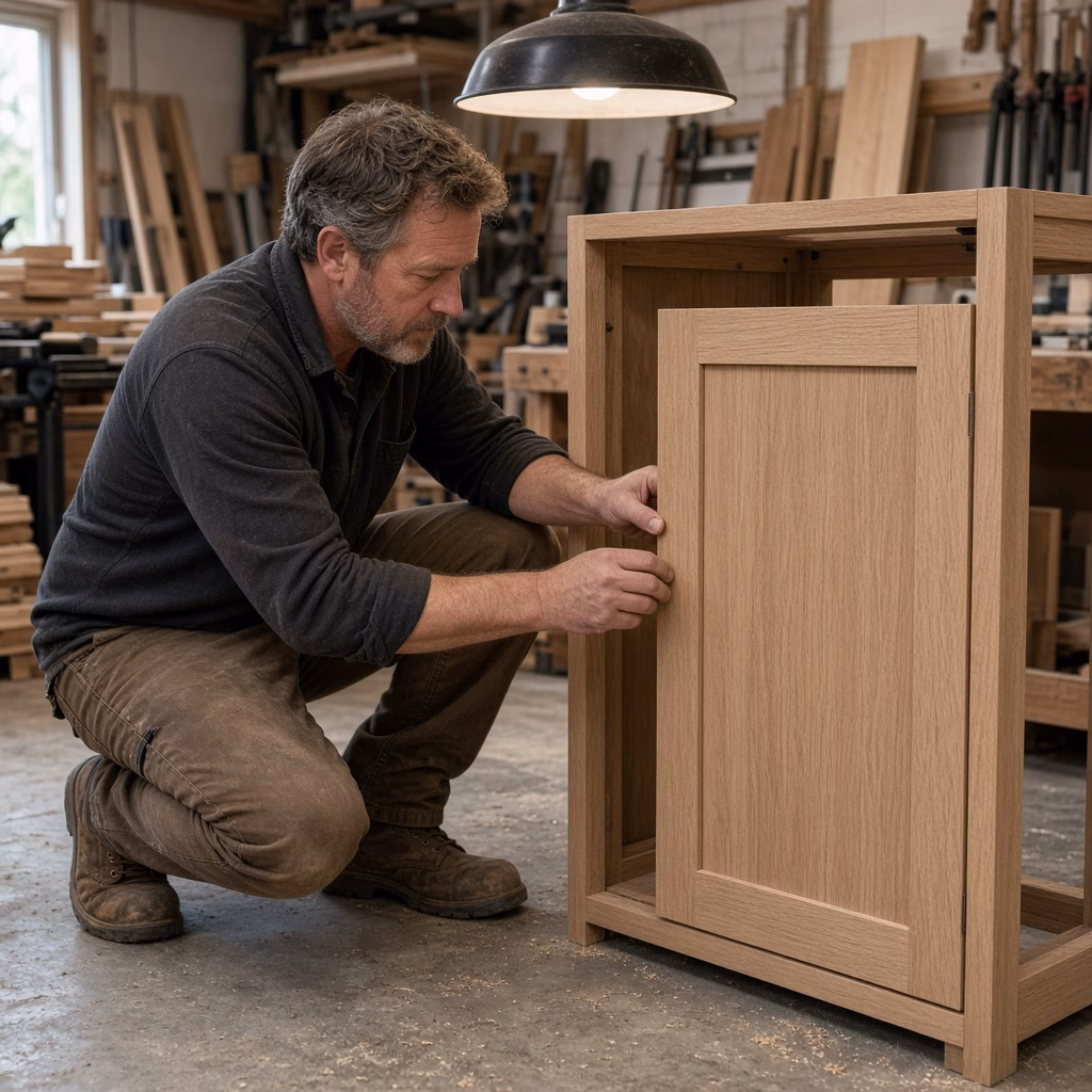 Woodworker checking a cabinet door that rubs — Custom Woodwork in York