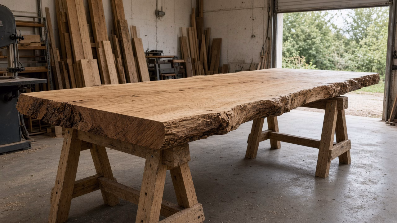Wide live-edge slab on sawhorses in the shop — Custom Woodwork in York