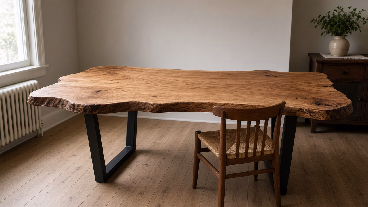 Finished live-edge dining table in a sunlit room — Custom Woodwork in York