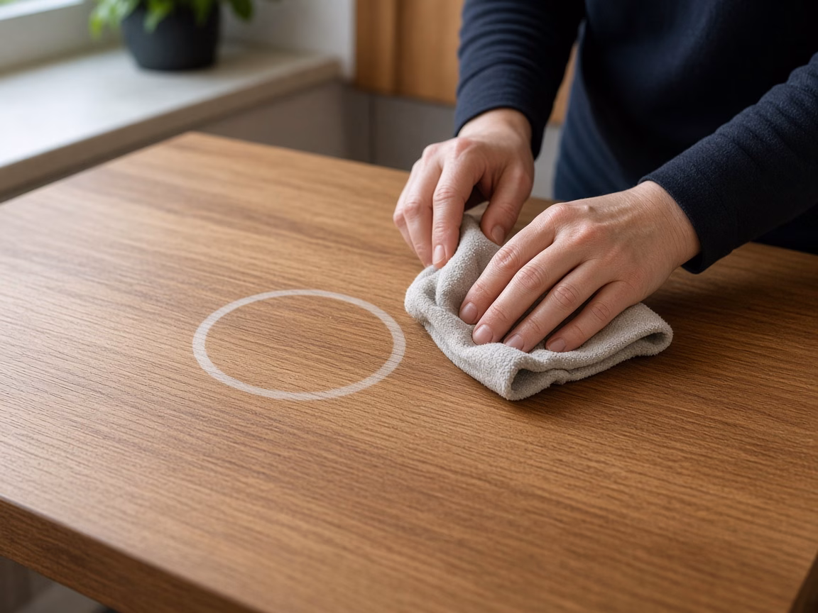 Hand wiping a water ring from a wood tabletop — Custom Woodwork in York