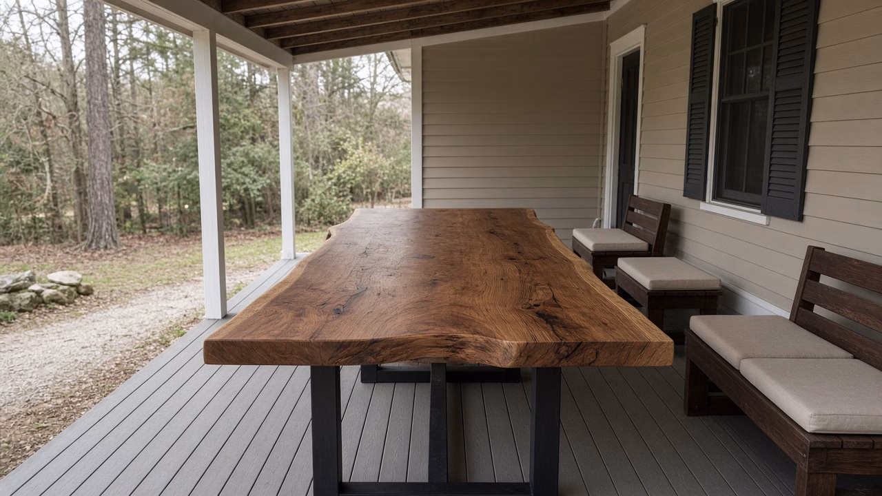 Wood table on a covered porch after a dry morning — Custom Woodwork in York